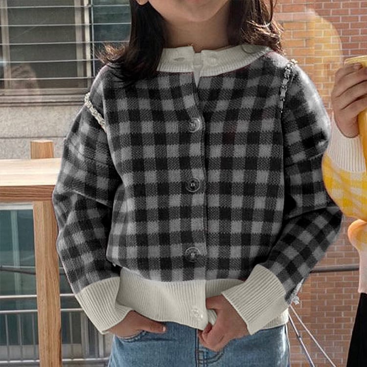 Gingham Check Knit Cardigan ギンガムチェック クルーネック 長袖カーディガン【mh0012699】 BBAMMA カーディガン・パーカー