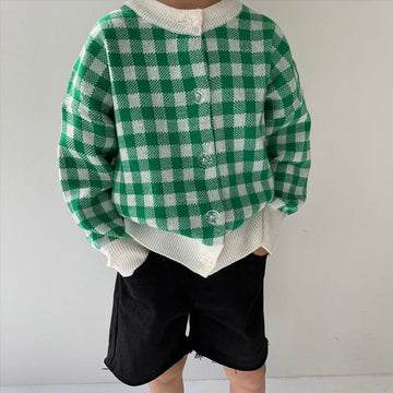 Gingham Check Knit Cardigan ギンガムチェック クルーネック 長袖カーディガン【mh0012699】 Green / 90cm BBAMMA カーディガン・パーカー