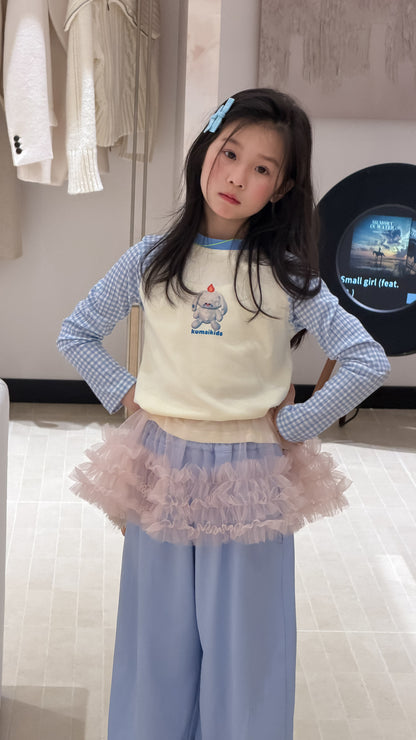 Gingham Check Sleeve Cartoon Tee ギンガムチェック袖 刺繍Tシャツ【mh0012358】 KUMAI.KIDS