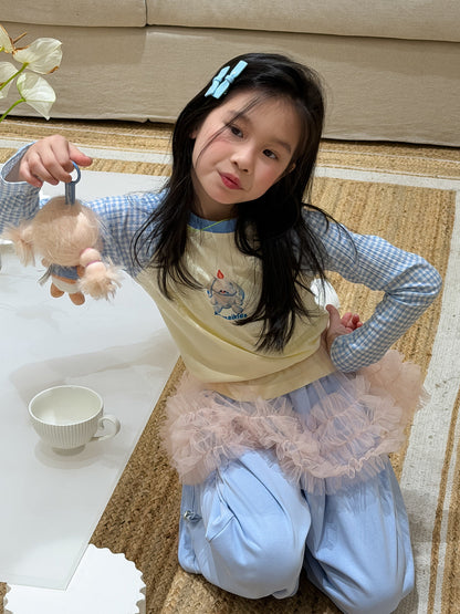 Gingham Check Sleeve Cartoon Tee ギンガムチェック袖 刺繍Tシャツ【mh0012358】 KUMAI.KIDS