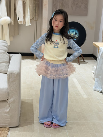 Gingham Check Sleeve Cartoon Tee ギンガムチェック袖 刺繍Tシャツ【mh0012358】 KUMAI.KIDS