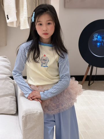 Gingham Check Sleeve Cartoon Tee ギンガムチェック袖 刺繍Tシャツ【mh0012358】 Light Blue / 100cm KUMAI.KIDS