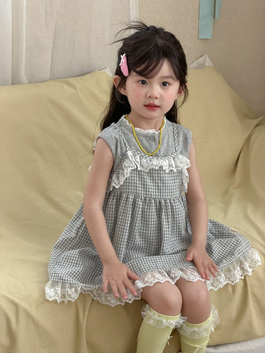 Gingham Dress & Sleeveless Top Set ギンガムチェック ワンピース レース Tシャツ【mh0012762】 Plaid Dress / 90cm MaiTianJi ノースリーブセットアップ