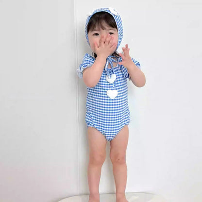 子ども用ギンガムフード水着 青 ハートモチーフ付き つなぎ風