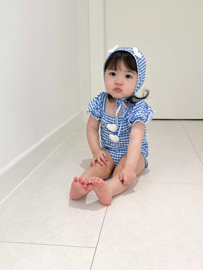 子ども用ギンガムフード水着 青 ハートモチーフ付き 上下一体型