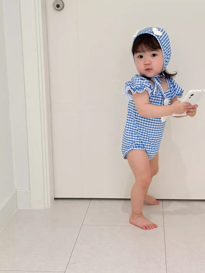 子ども用ギンガムフード水着 青 ハートモチーフ付き ワンピース型