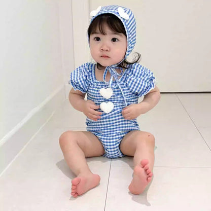 子ども用ギンガムフード水着 青 ハートモチーフ付き半袖