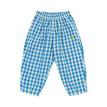 Gingham Plaid Mosquito Repellent Pants フルーツ刺繍 ロングパンツ【mh0013095】 Lake Blue / 80cm RICE & SKY ロングパンツ・スウェットパンツ