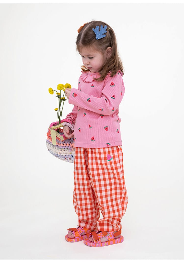 Gingham Plaid Mosquito Repellent Pants フルーツ刺繍 ロングパンツ【mh0013095】 RICE & SKY ロングパンツ・スウェットパンツ