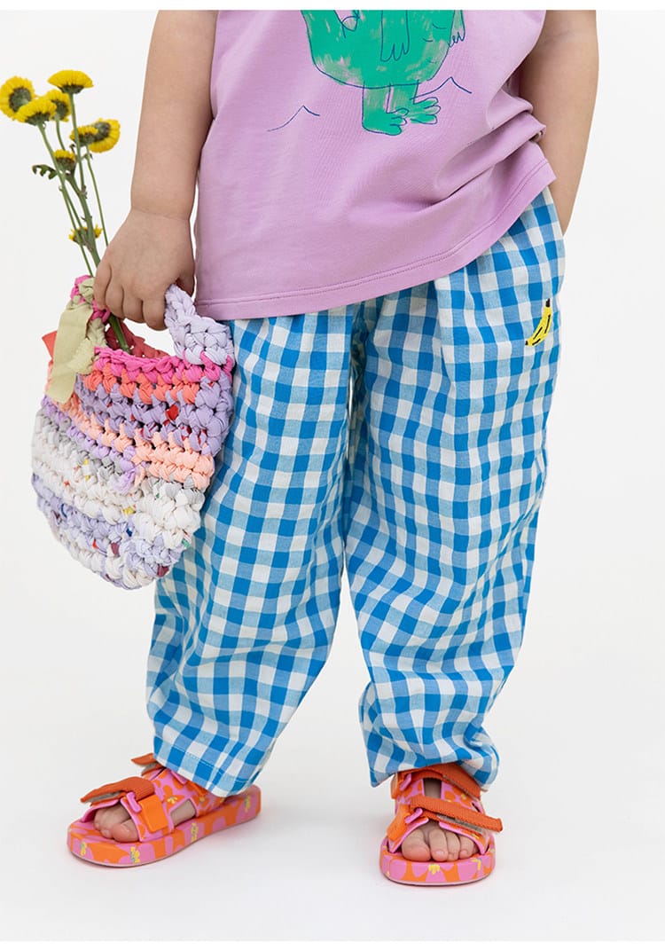 Gingham Plaid Mosquito Repellent Pants フルーツ刺繍 ロングパンツ【mh0013095】 RICE & SKY ロングパンツ・スウェットパンツ
