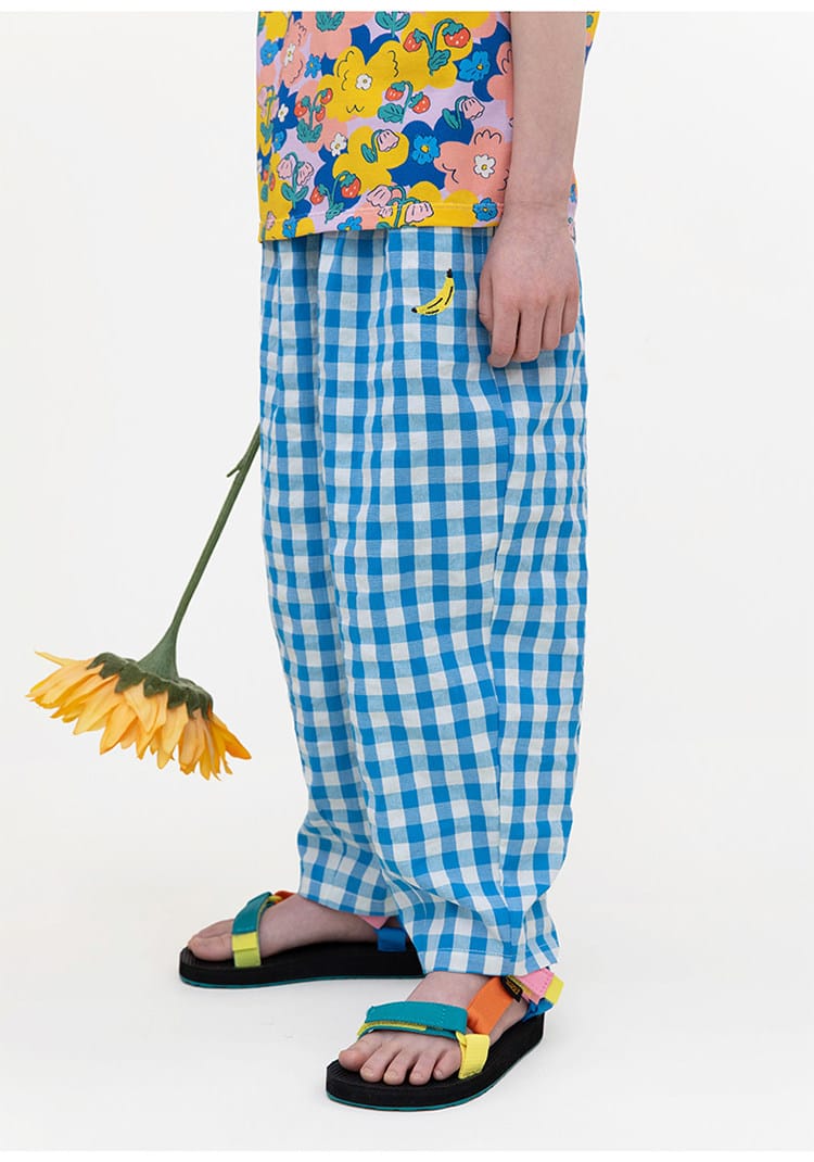 Gingham Plaid Mosquito Repellent Pants フルーツ刺繍 ロングパンツ【mh0013095】 RICE & SKY ロングパンツ・スウェットパンツ
