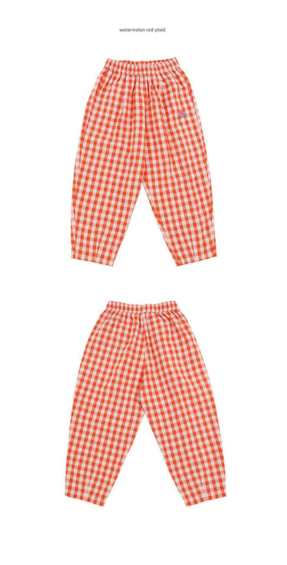 Gingham Plaid Mosquito Repellent Pants フルーツ刺繍 ロングパンツ【mh0013095】 RICE & SKY ロングパンツ・スウェットパンツ