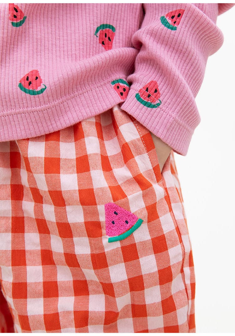 Gingham Plaid Mosquito Repellent Pants フルーツ刺繍 ロングパンツ【mh0013095】 RICE & SKY ロングパンツ・スウェットパンツ