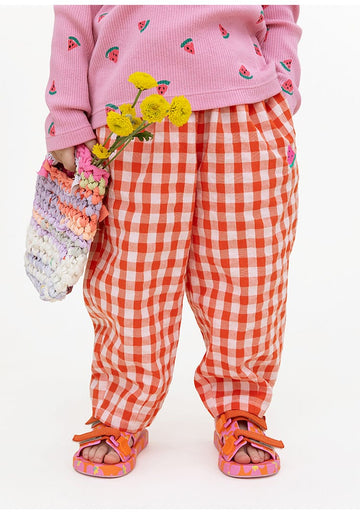 Gingham Plaid Mosquito Repellent Pants フルーツ刺繍 ロングパンツ【mh0013095】 RICE & SKY ロングパンツ・スウェットパンツ