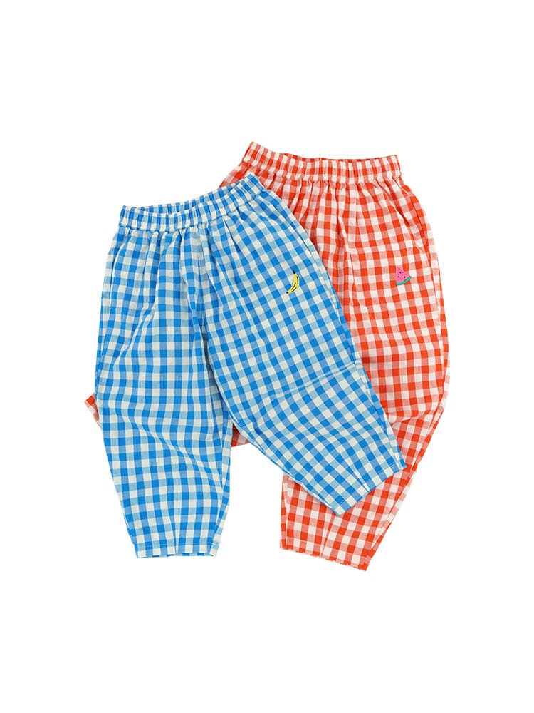 Gingham Plaid Mosquito Repellent Pants フルーツ刺繍 ロングパンツ【mh0013095】 RICE & SKY ロングパンツ・スウェットパンツ