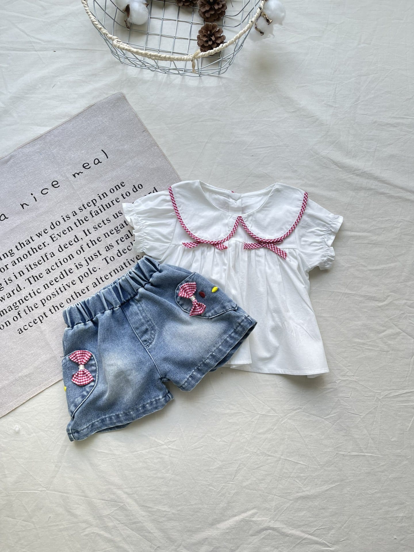 Gingham Plaid Piping Set ギンガムチェック 半袖ブラウス デニムショートパンツ【mh0012912】 yi nian ni 半袖セットアップ