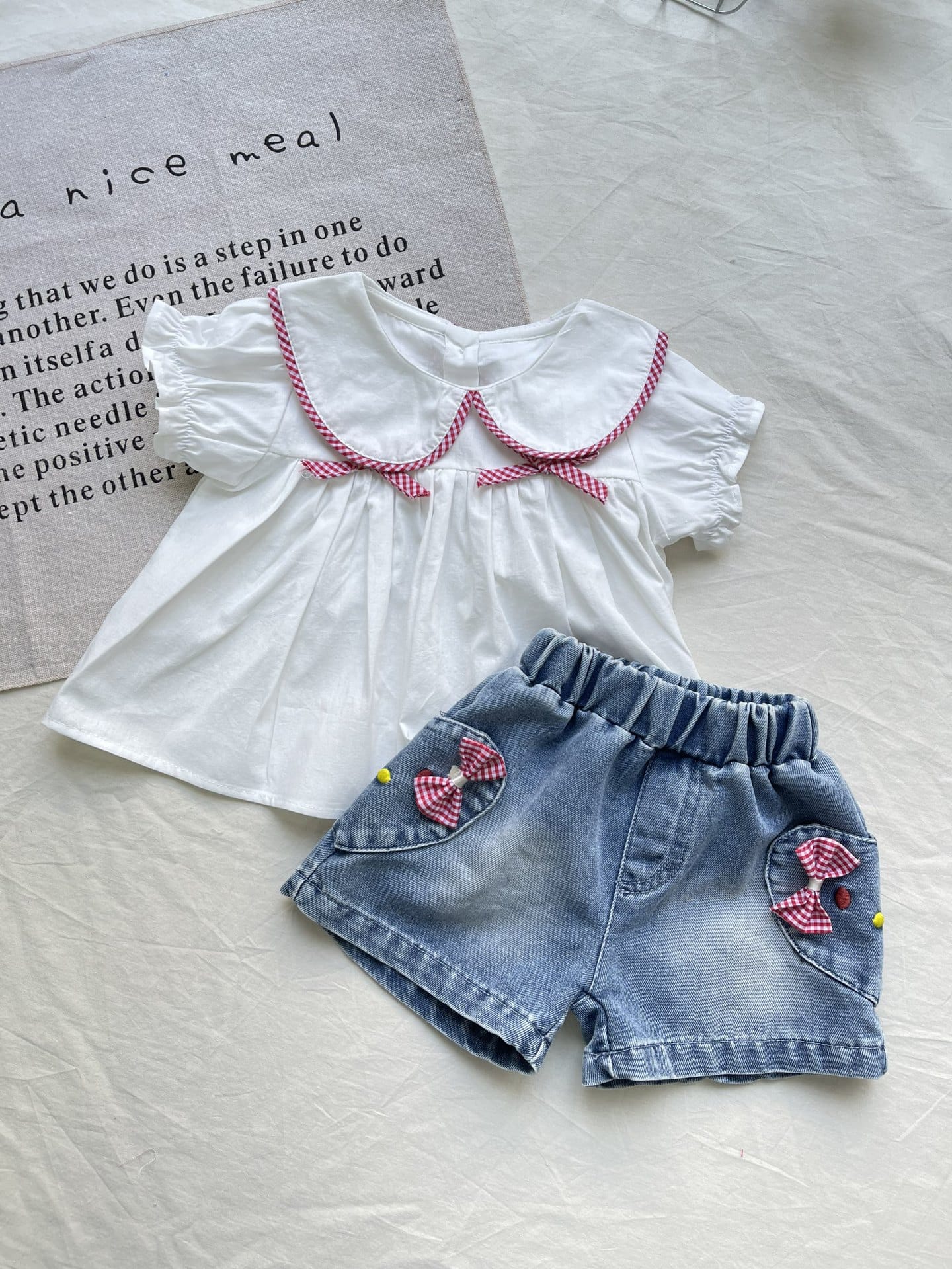 Gingham Plaid Piping Set ギンガムチェック 半袖ブラウス デニムショートパンツ【mh0012912】 yi nian ni 半袖セットアップ
