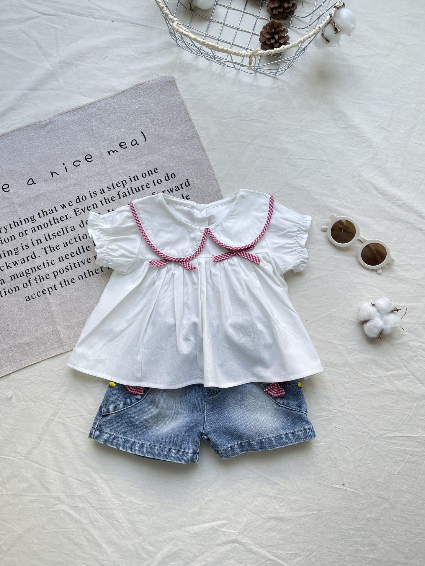 Gingham Plaid Piping Set ギンガムチェック 半袖ブラウス デニムショートパンツ【mh0012912】 yi nian ni 半袖セットアップ
