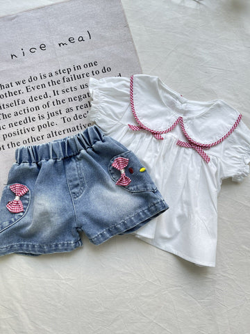 Gingham Plaid Piping Set ギンガムチェック 半袖ブラウス デニムショートパンツ【mh0012912】 yi nian ni 半袖セットアップ