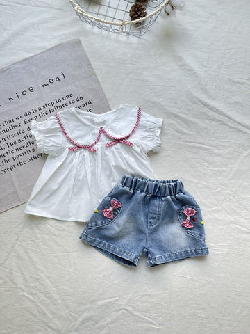 Gingham Plaid Piping Set ギンガムチェック 半袖ブラウス デニムショートパンツ【mh0012912】 yi nian ni 半袖セットアップ