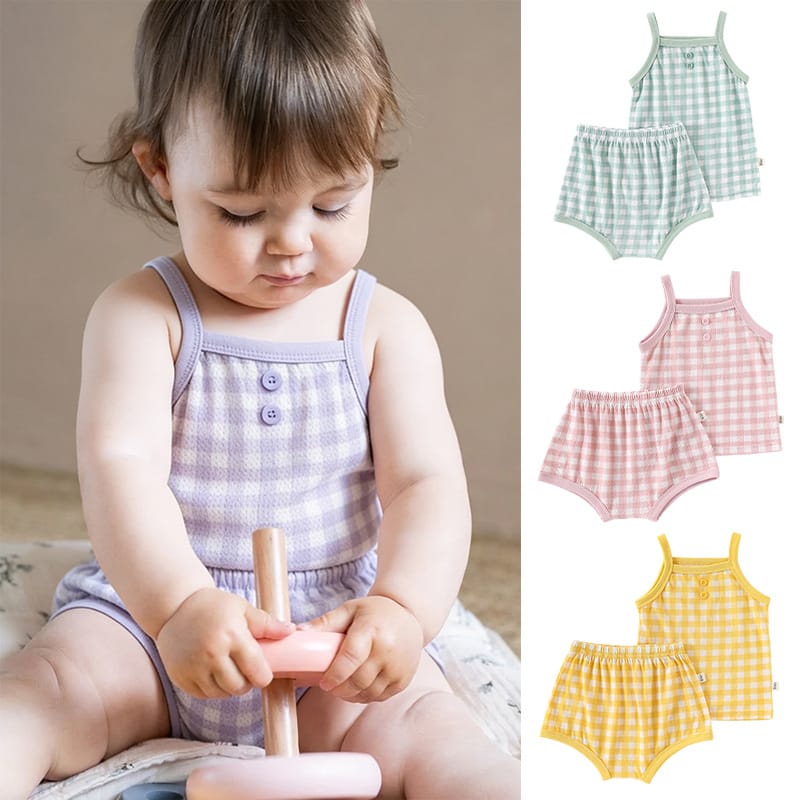 Gingham Plaid Strappy Top Shorts チェック ノースリーブキャミソール ショートパンツ セット【mh0013499】 Beitaoya ノースリーブセットアップ
