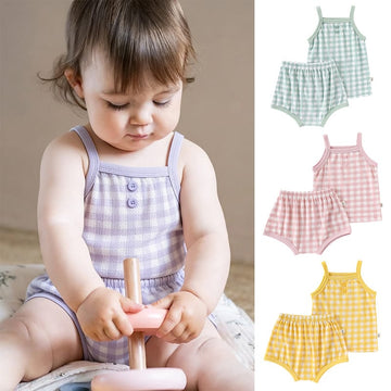 Gingham Plaid Strappy Top Shorts チェック ノースリーブキャミソール ショートパンツ セット【mh0013499】 Beitaoya ノースリーブセットアップ