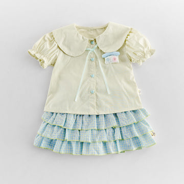Gingham Ruffle Layered Skirt Doll Shirt Set チェック 半袖ブラウス キュロットスカート セット【mh0013437】 angou 半袖セットアップ