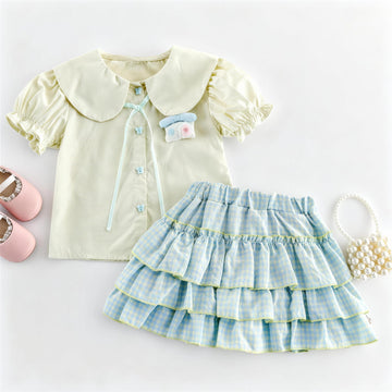 Gingham Ruffle Layered Skirt Doll Shirt Set チェック 半袖ブラウス キュロットスカート セット【mh0013437】 angou 半袖セットアップ