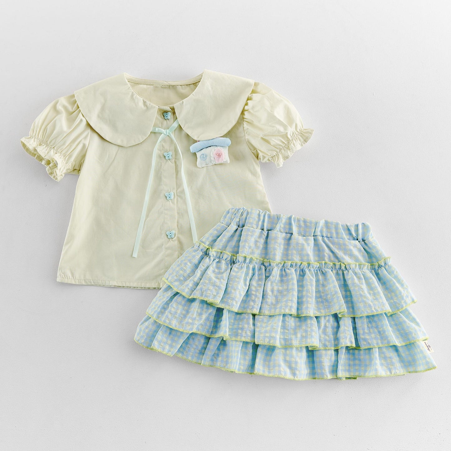 Gingham Ruffle Layered Skirt Doll Shirt Set チェック 半袖ブラウス キュロットスカート セット【mh0013437】 Yellow / 73cm angou 半袖セットアップ
