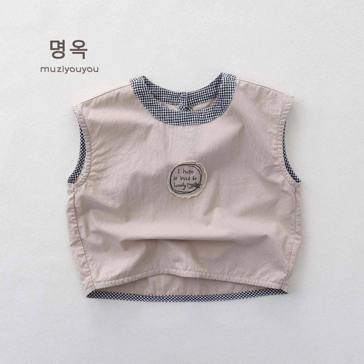 Gingham Trim Cotton Tank Top チェック ノースリーブブラウス【mh0013148】 Gray Pink / 80cm 명옥 muziyouyou タンクトップ・キャミソール・ノースリーブトップス