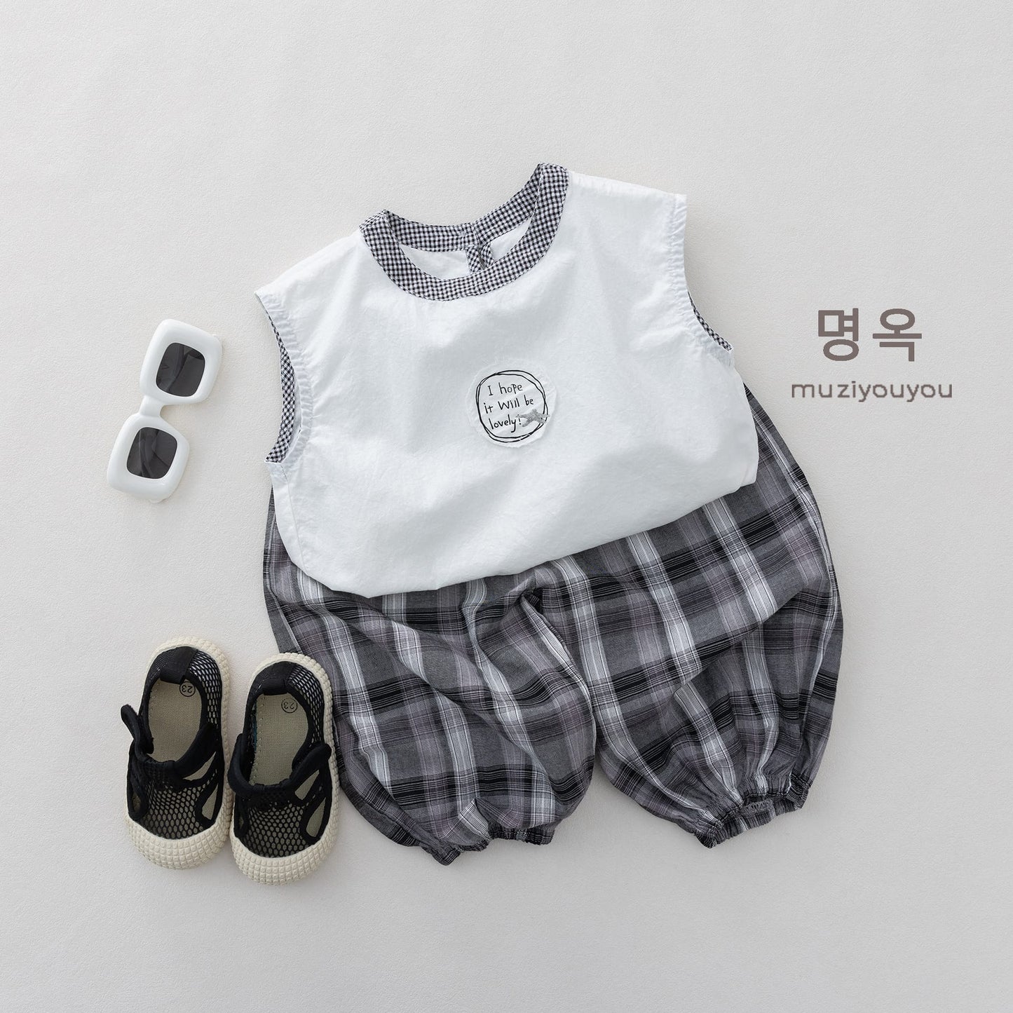 Gingham Trim Cotton Tank Top チェック ノースリーブブラウス【mh0013148】 명옥 muziyouyou タンクトップ・キャミソール・ノースリーブトップス