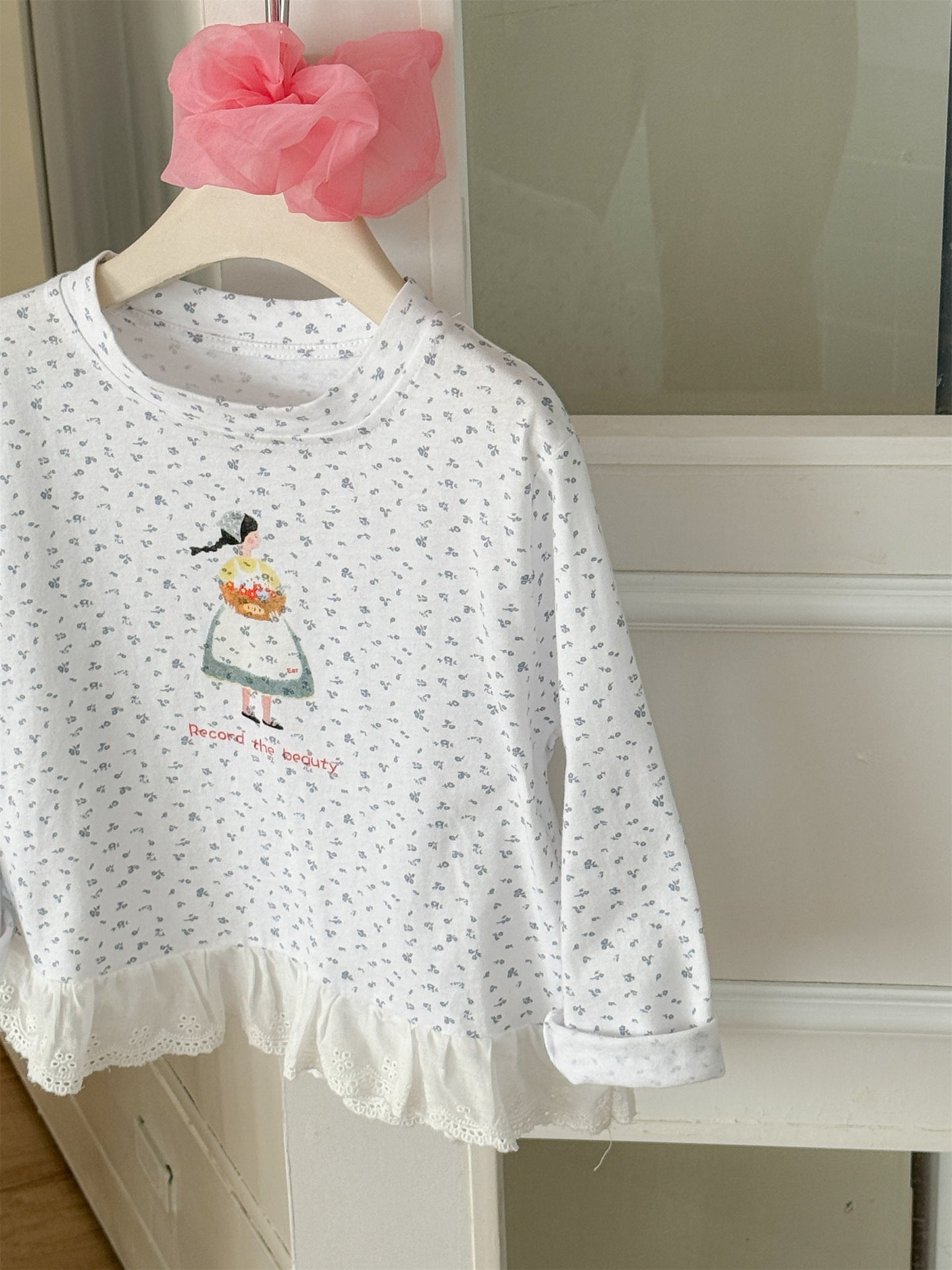 Girl Print Lace Hem T-shirt ガールプリント 裾レース長袖Tシャツ【mh0012288】 Laibaobao