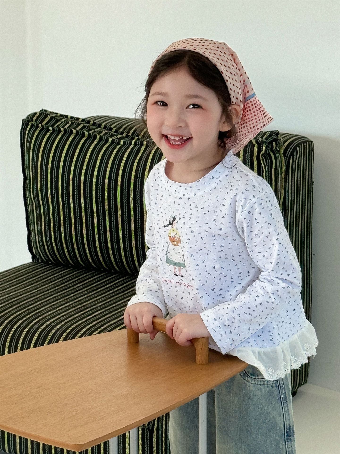 Girl Print Lace Hem T-shirt ガールプリント 裾レース長袖Tシャツ【mh0012288】 Laibaobao