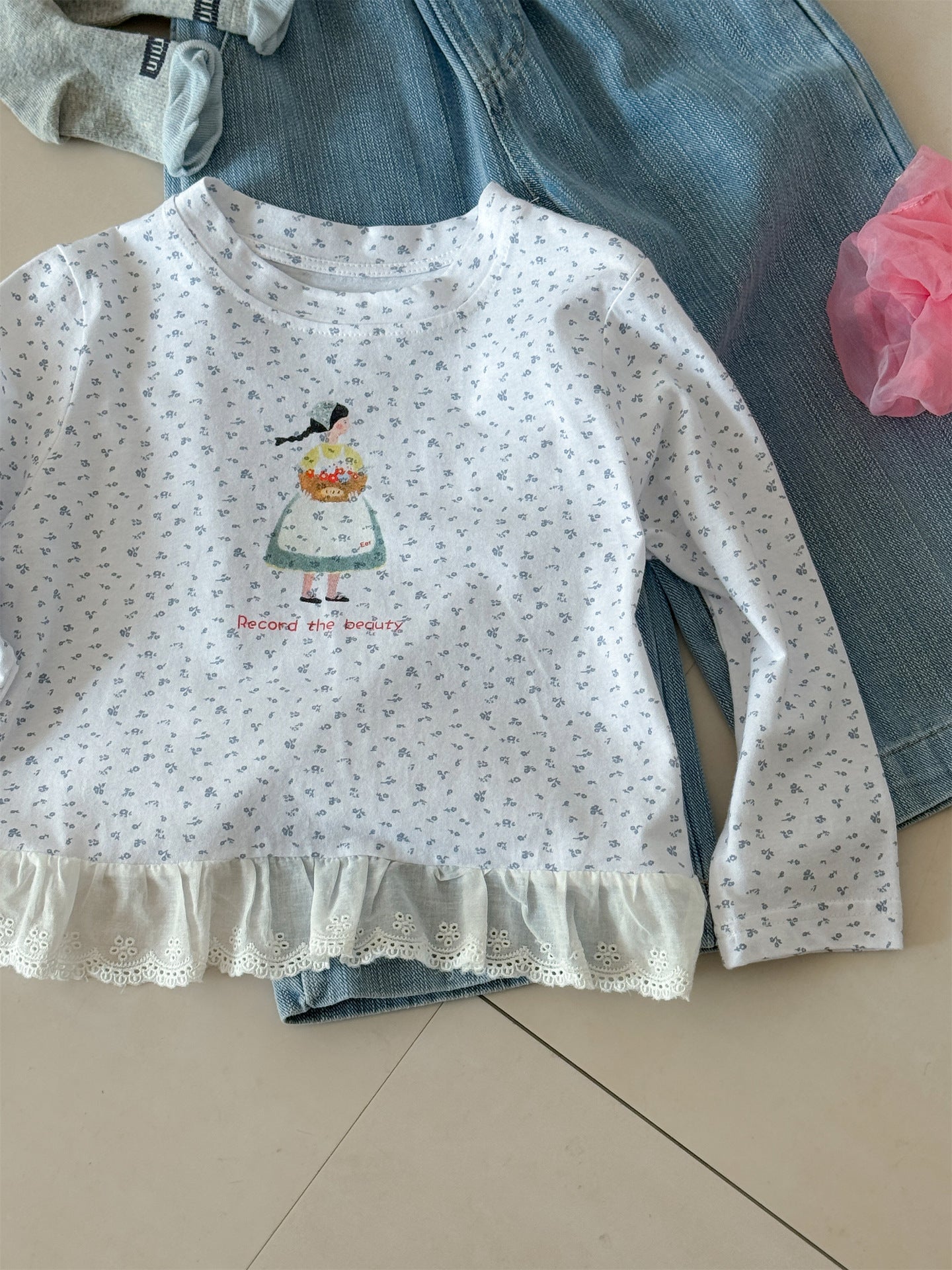 Girl Print Lace Hem T-shirt ガールプリント 裾レース長袖Tシャツ【mh0012288】 Laibaobao