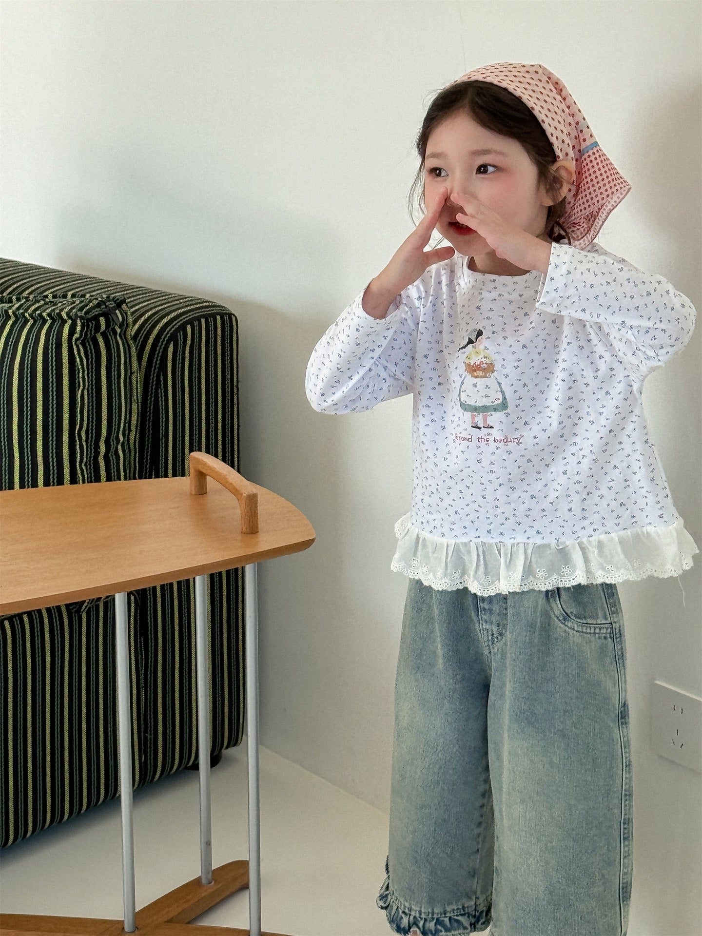 Girl Print Lace Hem T-shirt ガールプリント 裾レース長袖Tシャツ【mh0012288】 Laibaobao