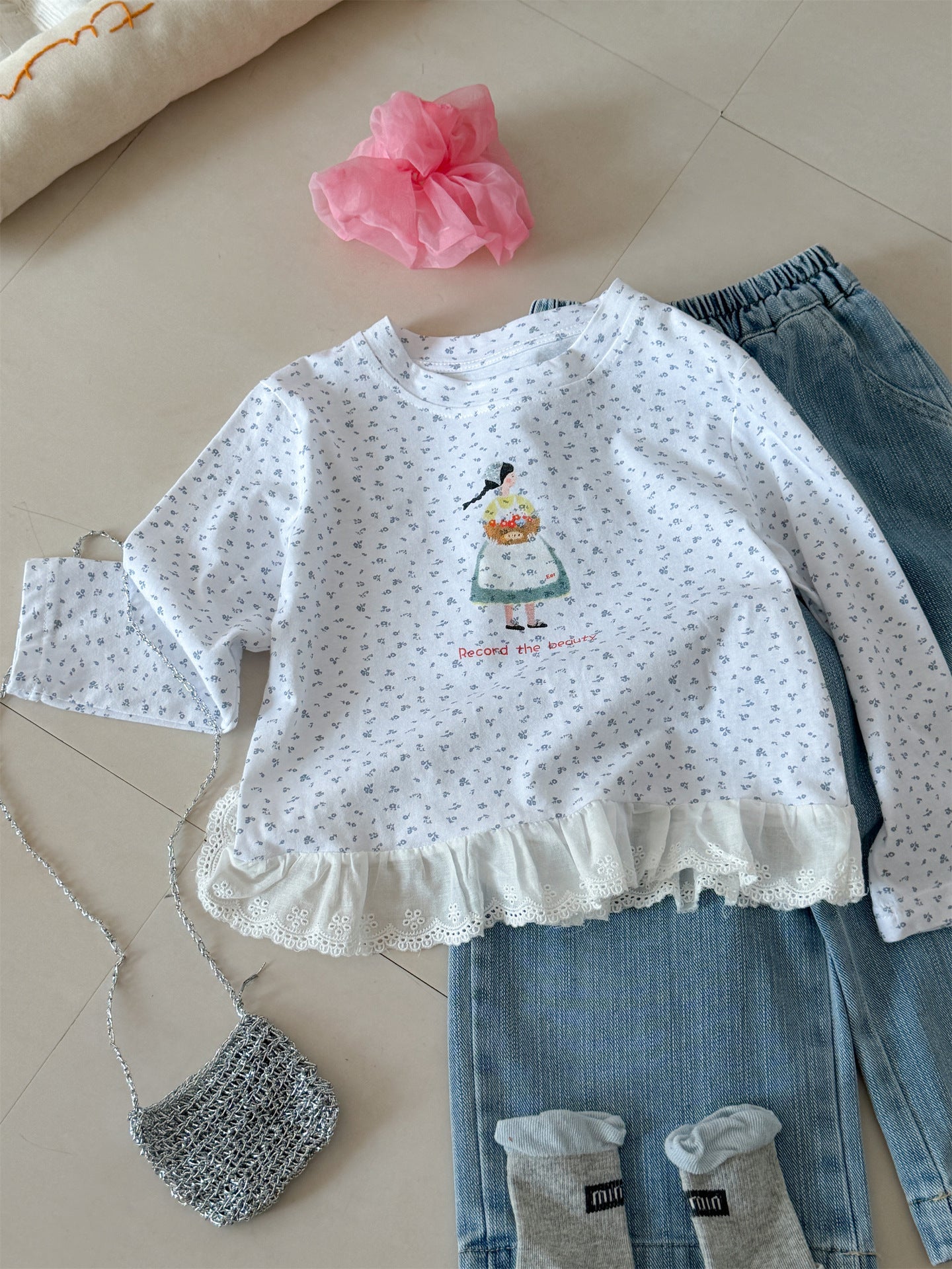 Girl Print Lace Hem T-shirt ガールプリント 裾レース長袖Tシャツ【mh0012288】 Laibaobao