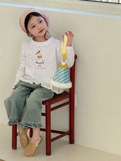Girl Print Lace Hem T-shirt ガールプリント 裾レース長袖Tシャツ【mh0012288】 Laibaobao