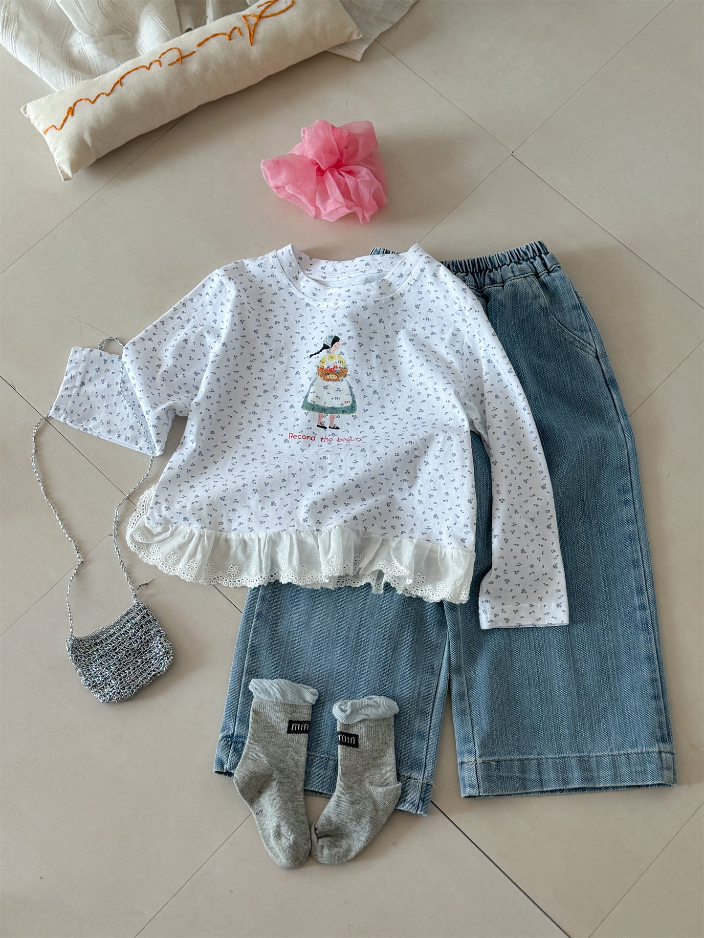 Girl Print Lace Hem T-shirt ガールプリント 裾レース長袖Tシャツ【mh0012288】 Laibaobao