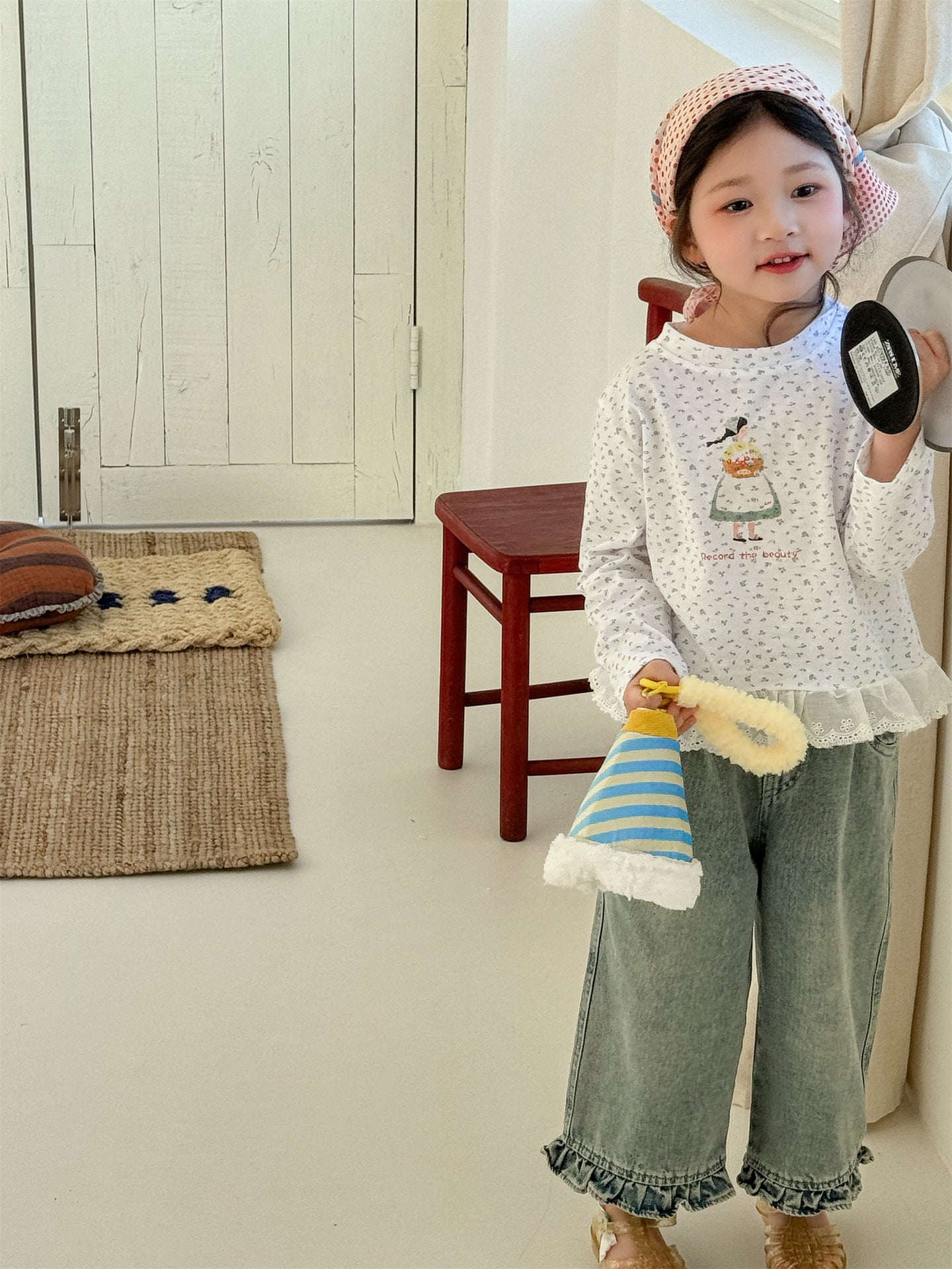 Girl Print Lace Hem T-shirt ガールプリント 裾レース長袖Tシャツ【mh0012288】 Laibaobao