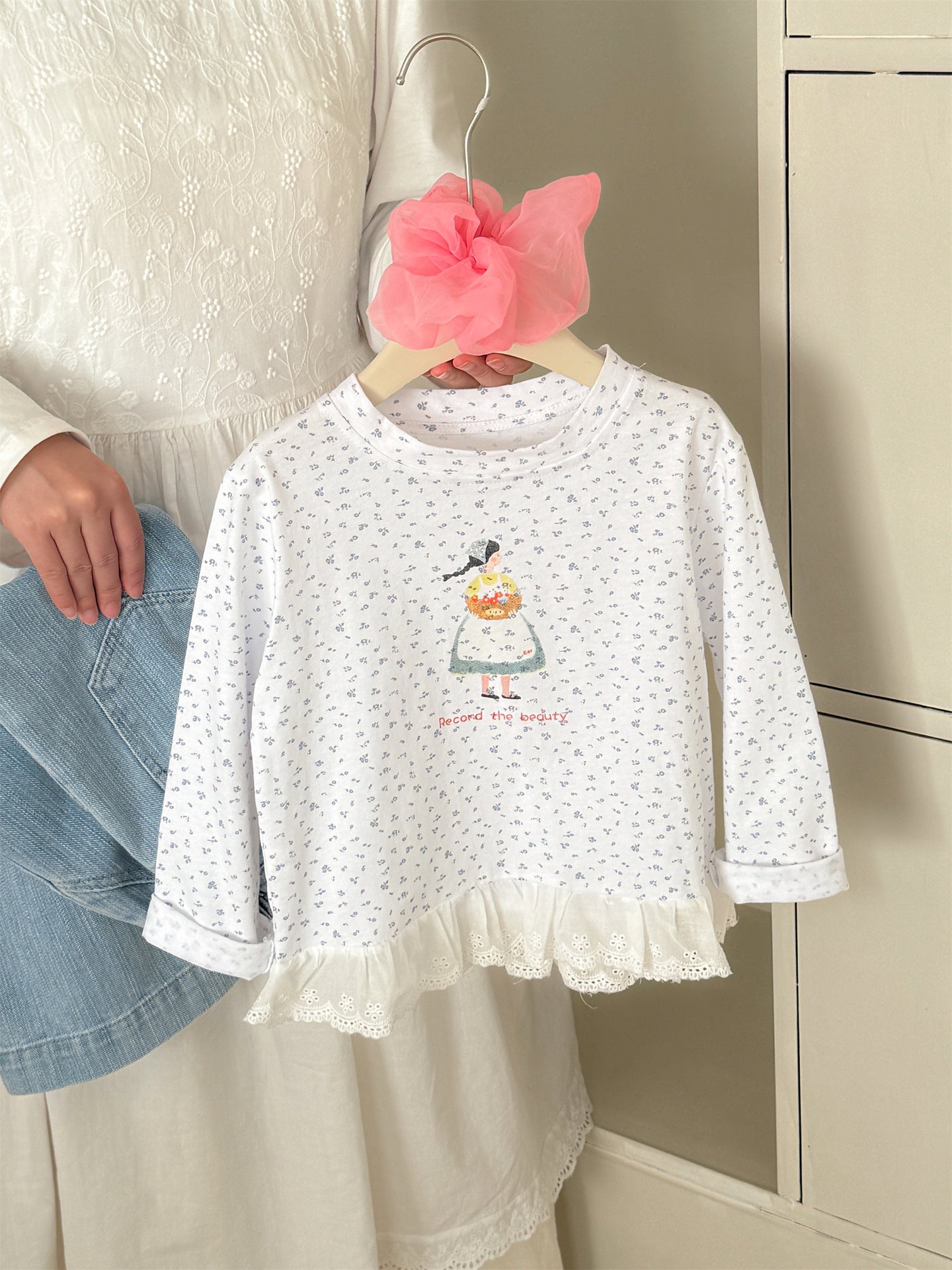 Girl Print Lace Hem T-shirt ガールプリント 裾レース長袖Tシャツ【mh0012288】 Laibaobao