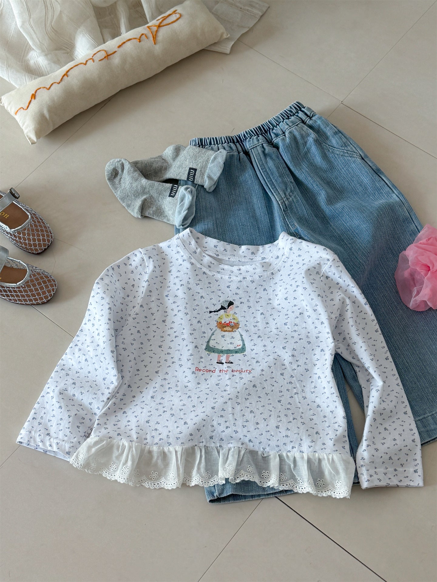 Girl Print Lace Hem T-shirt ガールプリント 裾レース長袖Tシャツ【mh0012288】 Laibaobao