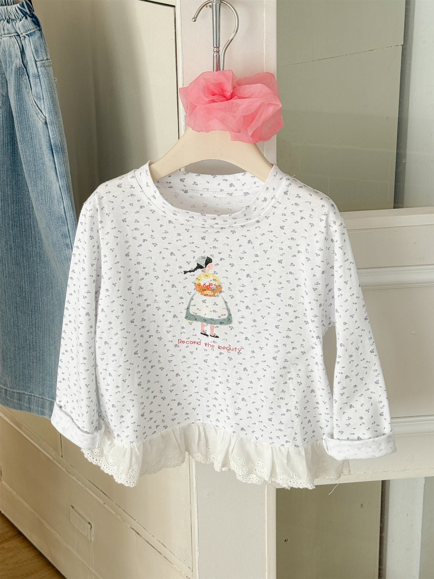 Girl Print Lace Hem T-shirt ガールプリント 裾レース長袖Tシャツ【mh0012288】 Laibaobao