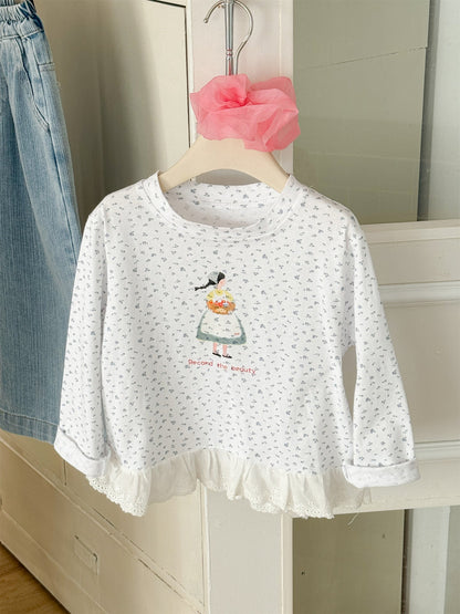 Girl Print Lace Hem T-shirt ガールプリント 裾レース長袖Tシャツ【mh0012288】 Laibaobao