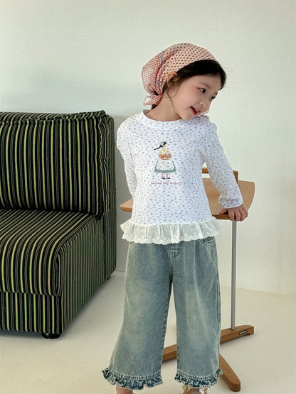 Girl Print Lace Hem T-shirt ガールプリント 裾レース長袖Tシャツ【mh0012288】 Laibaobao