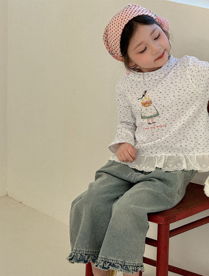 Girl Print Lace Hem T-shirt ガールプリント 裾レース長袖Tシャツ【mh0012288】 Laibaobao