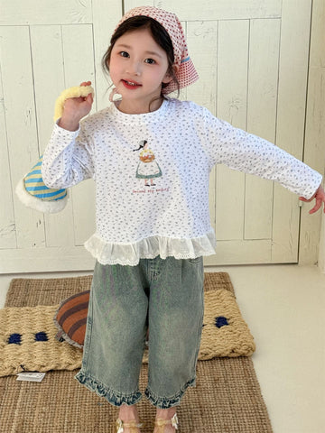 Girl Print Lace Hem T-shirt ガールプリント 裾レース長袖Tシャツ【mh0012288】 Laibaobao