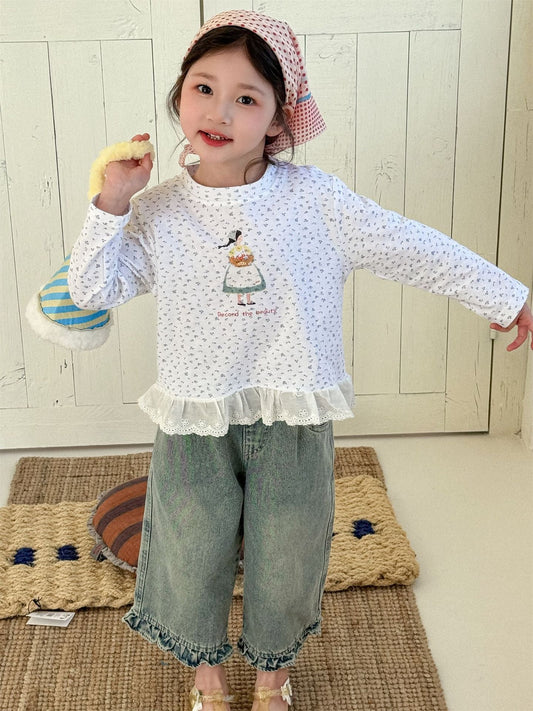 Girl Print Lace Hem T-shirt ガールプリント 裾レース長袖Tシャツ【mh0012288】 Laibaobao