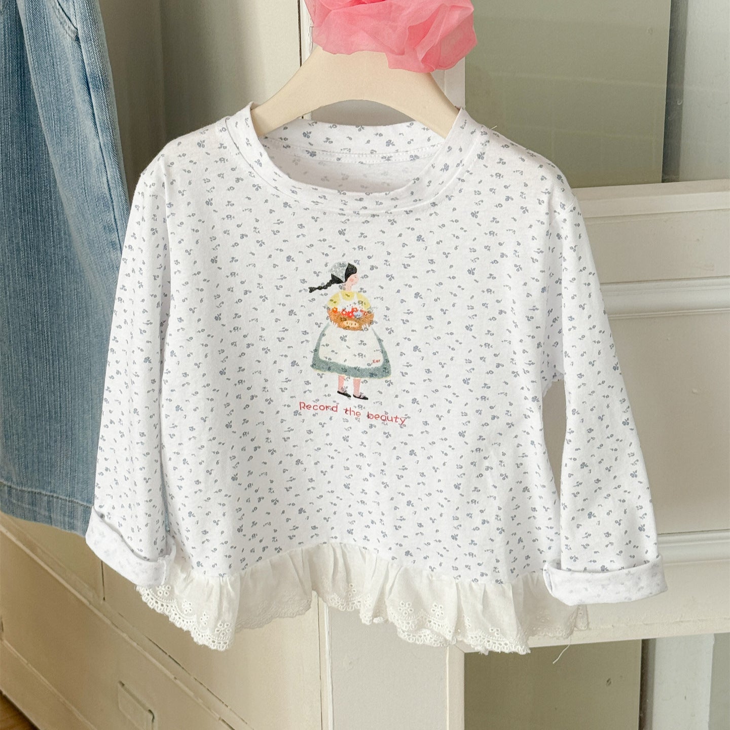 Girl Print Lace Hem T-shirt ガールプリント 裾レース長袖Tシャツ【mh0012288】 White / 90cm Laibaobao