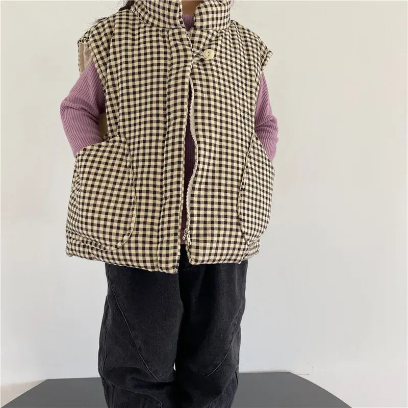 ベスト キッズベスト チェックパデッドスタンドカラーアウターベスト【mh0008064】