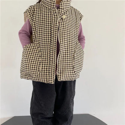 ベスト キッズベスト チェックパデッドスタンドカラーアウターベスト【mh0008064】